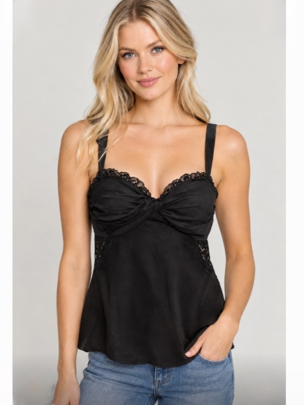 bebe Top Sz M Black Stretch Silk with Lace Trim Underwire Padded